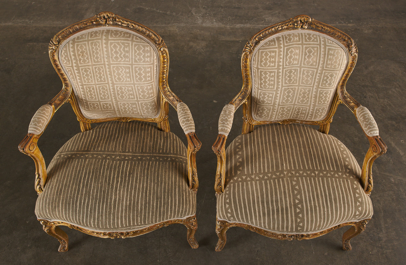 SET OF FOUR LOUIS XV CHAIRS WITH AFRICAN MUDCLOTH UPHOLSTERY